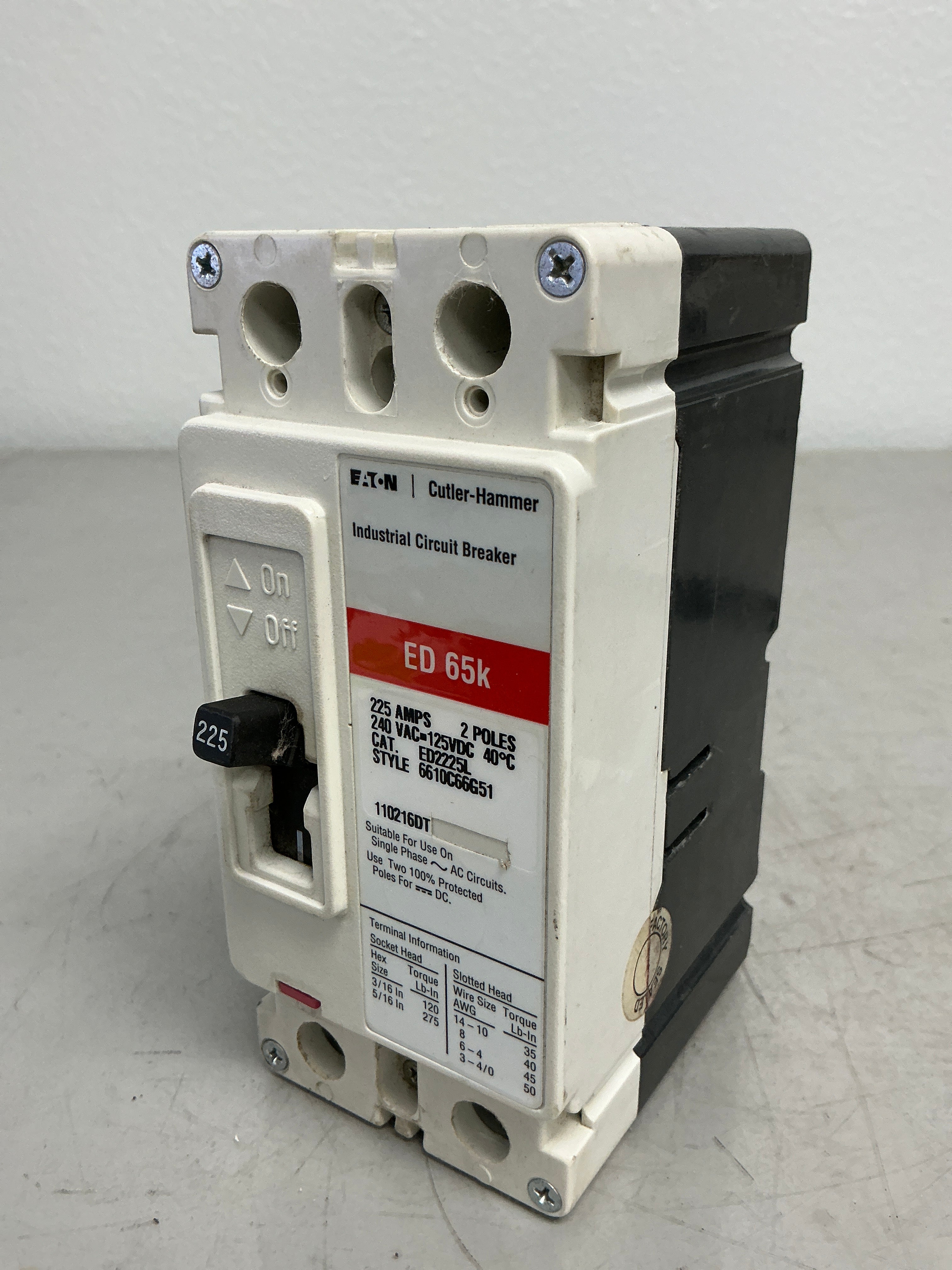 Used Eaton ED2225L 2 Poles, 225 Amps, 240 Volts