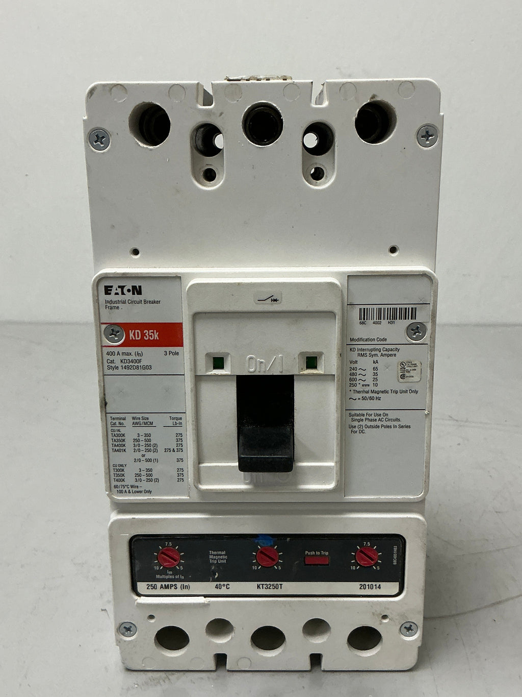 Used Eaton KD3400 3 Pole, 250 Amps, 600 Volts Circuit Breaker