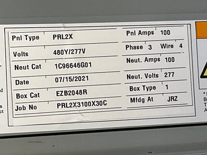Used Eaton Panelboard 100 Amp Main Lug 480/277 Volt 3 Phase 4 Wire PRL2X 30 Circuit 3R Outdoor (item#p9)