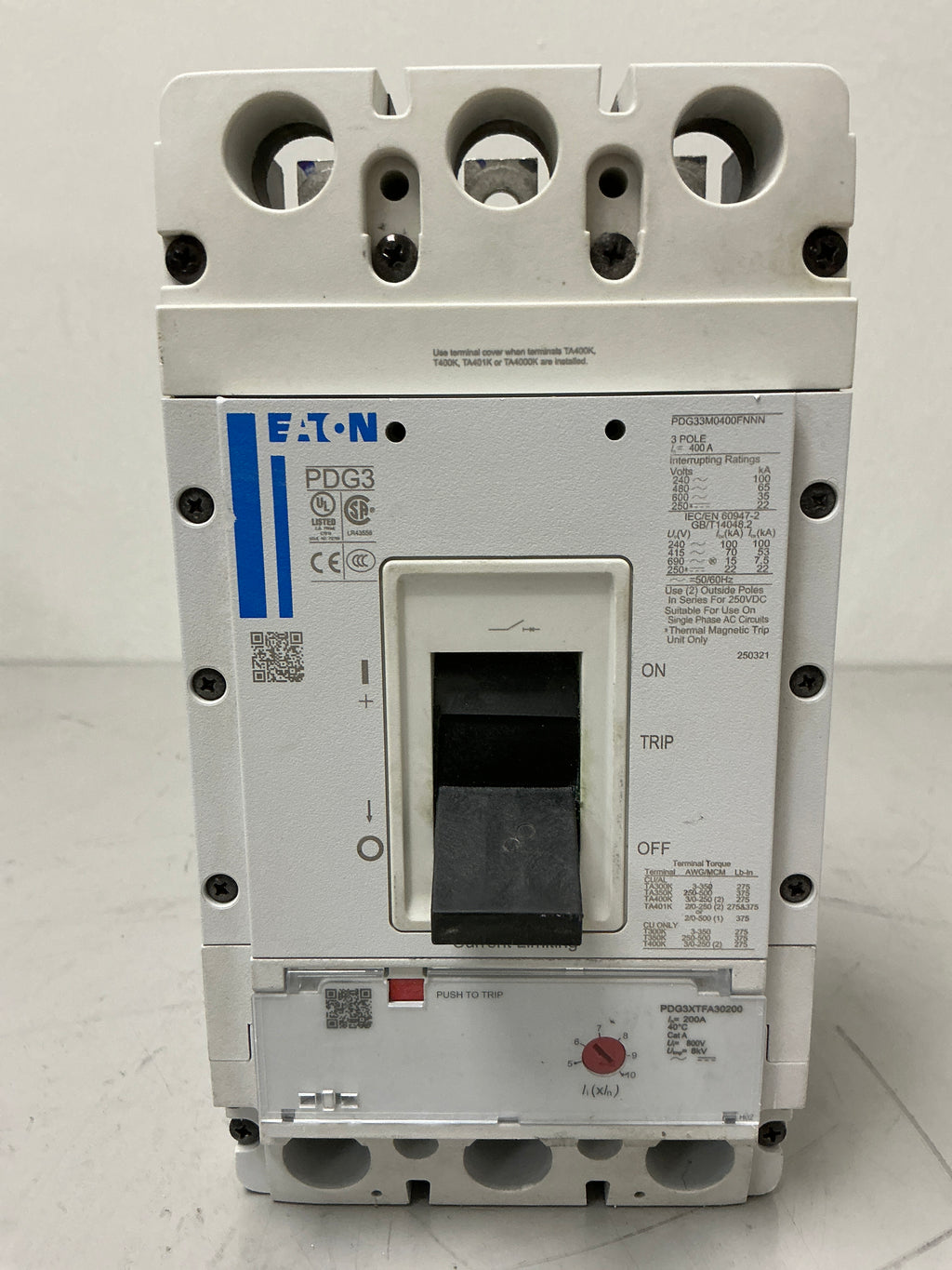 Used Eaton PDG33M0400FNNN 3 Pole, 400 Amps, 600 Volts Circuit Breaker