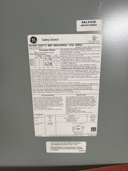 New TH3365R 400 Amps, 600 Volts, 3 Pole, Disconnect