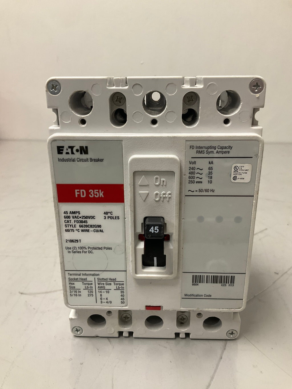New Eaton FD3045 3 Pole, 45 Amps, 600 Volts Circuit Breaker