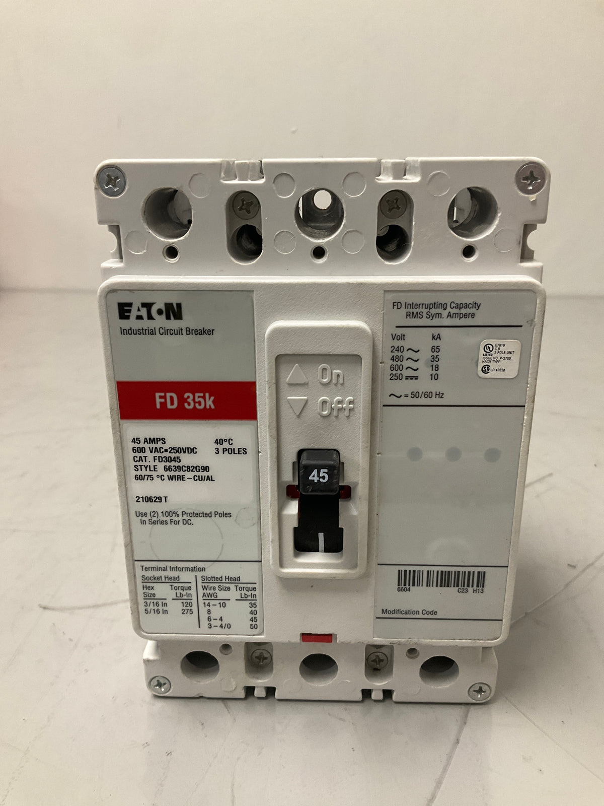 New Eaton FD3045 3 Pole, 45 Amps, 600 Volts Circuit Breaker