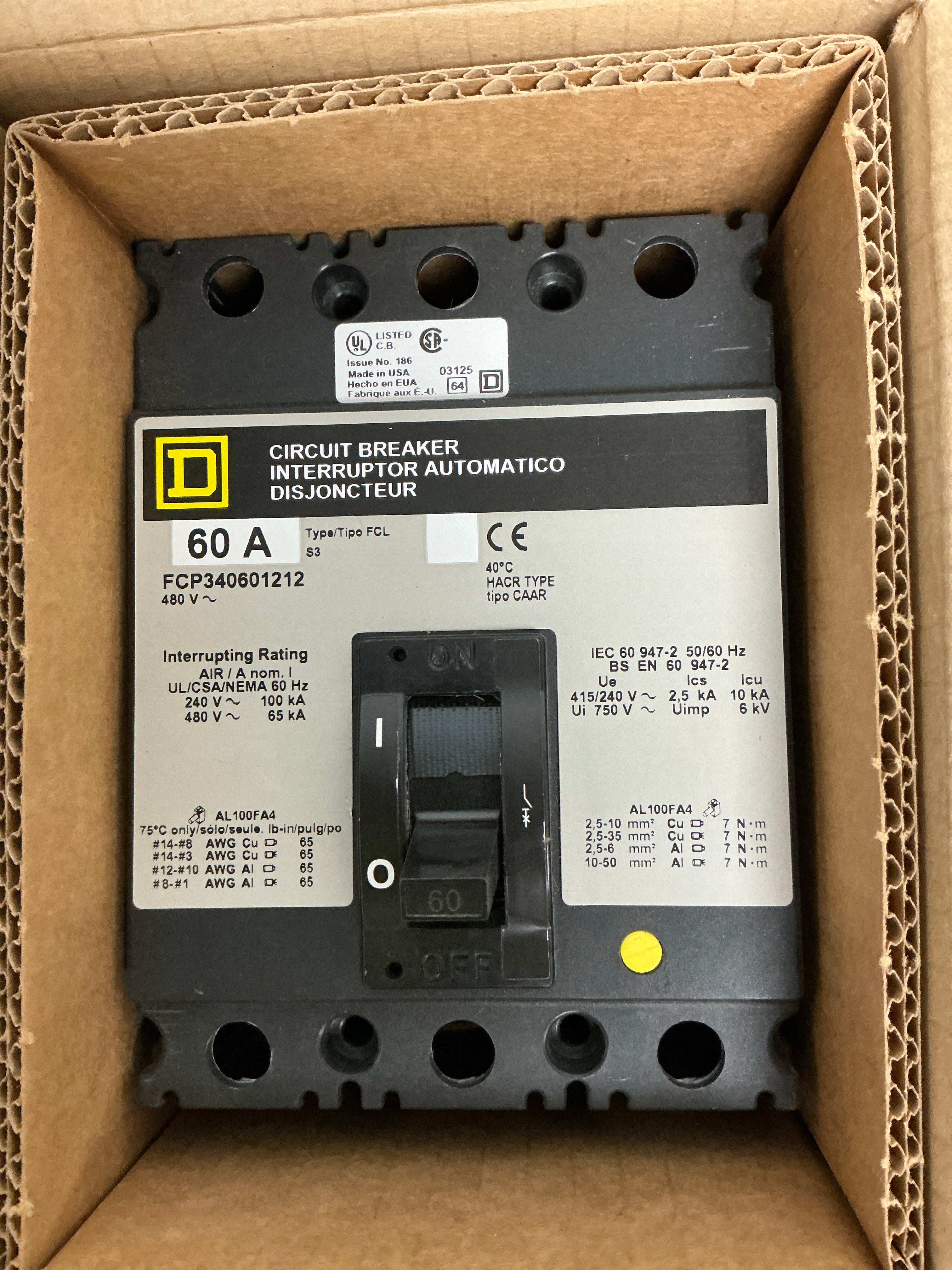 New Square D FCP340601212 3 Pole, 60 Amps, 480 Volts Circuit Breaker