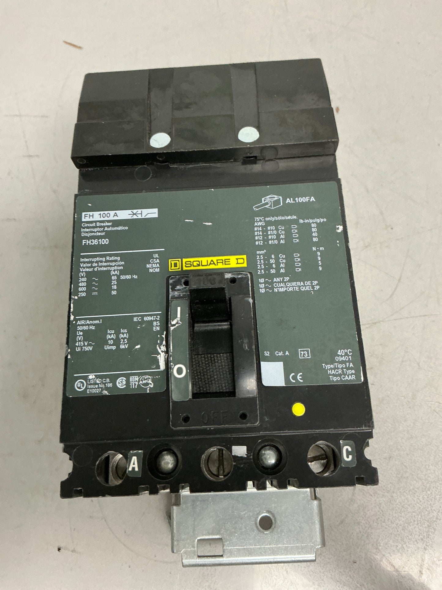 *CHIPPED* Used Square D FH36100 3 Pole, 100 Amps