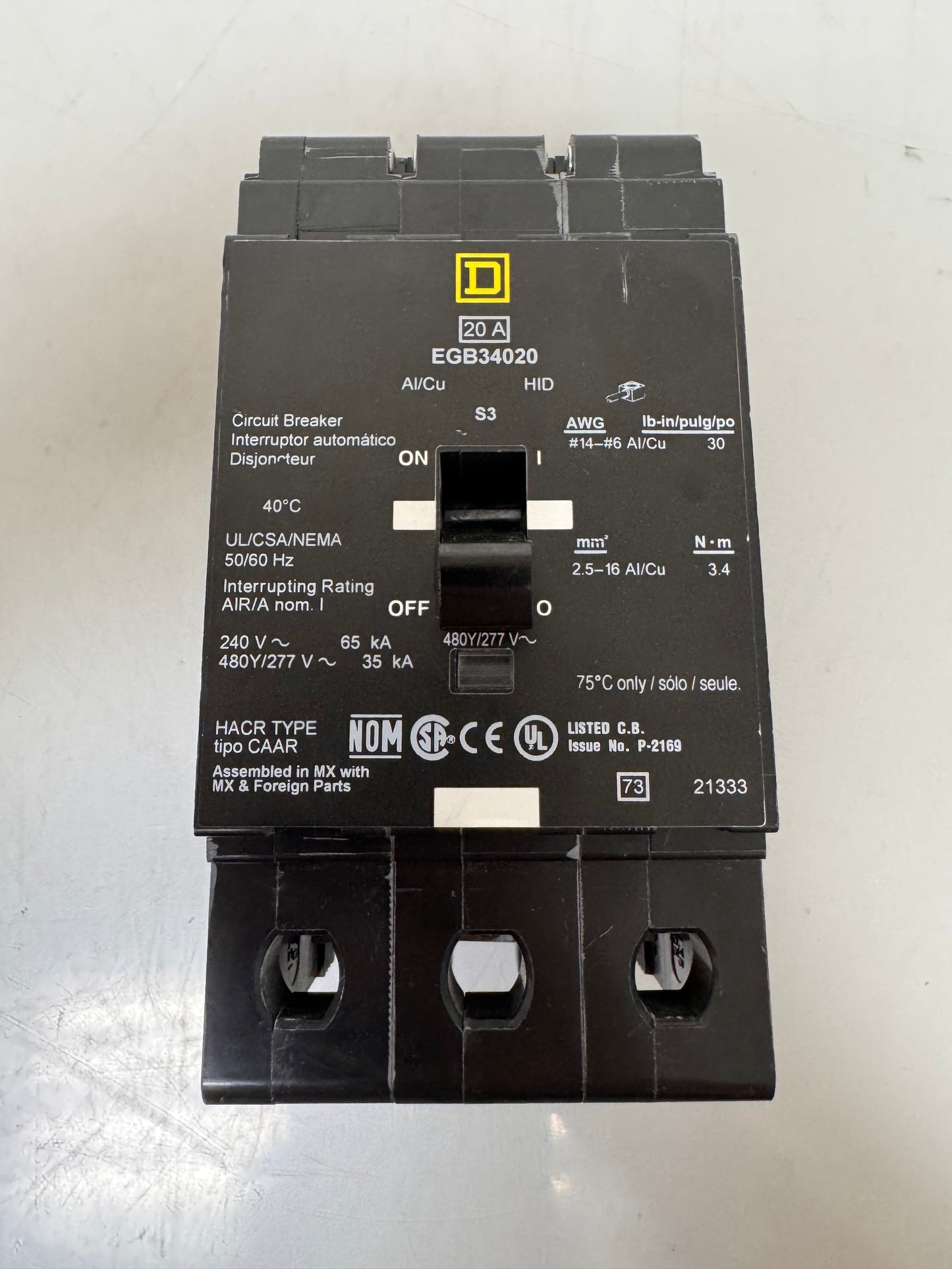 Used Square D EGB34020 20 Amp, 3 pole, 480 Volt Breaker