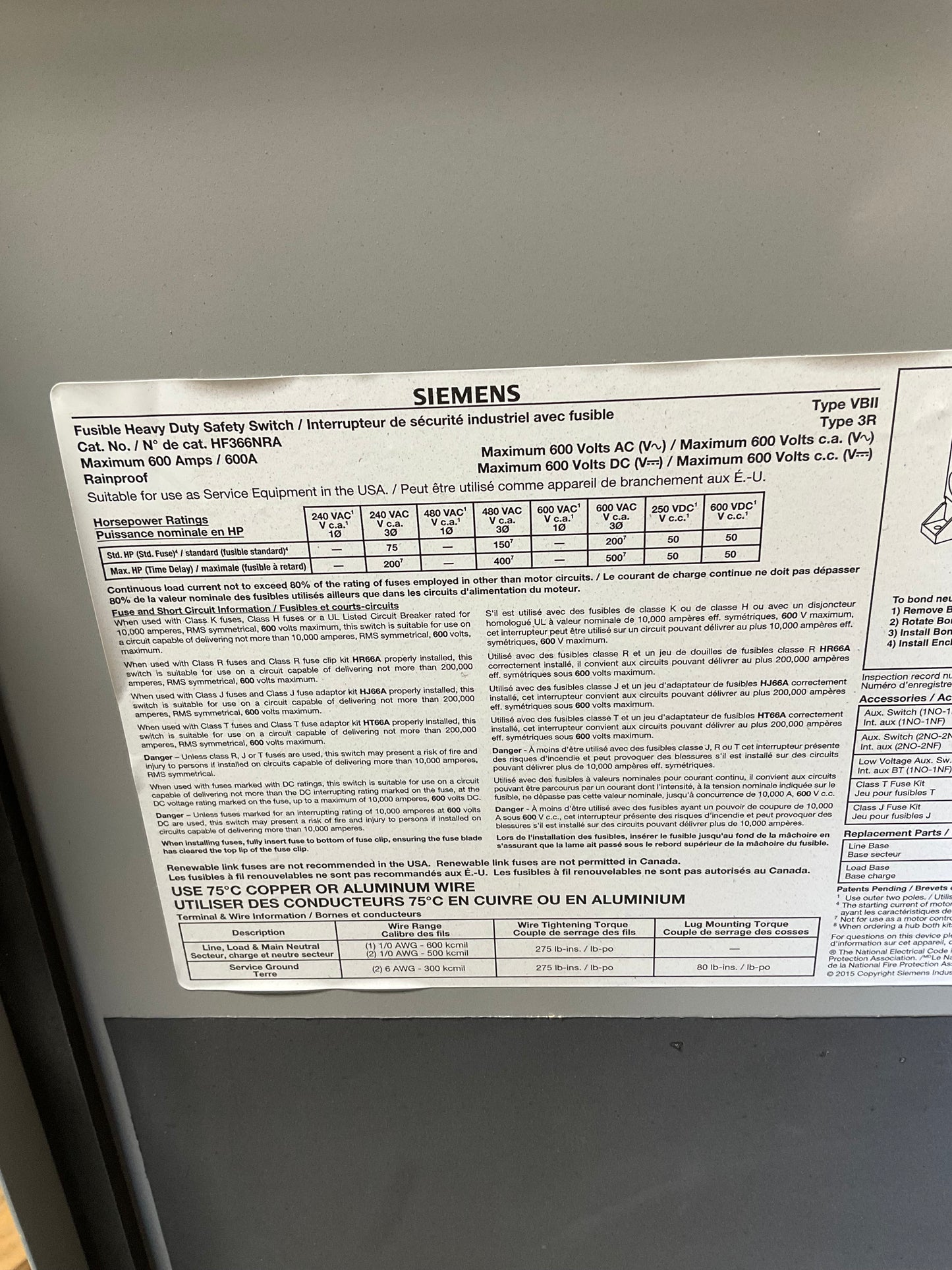 New Siemens HF366NRA Disconnect 600 Amp 600 Volt Fusible Outdoor 3R
