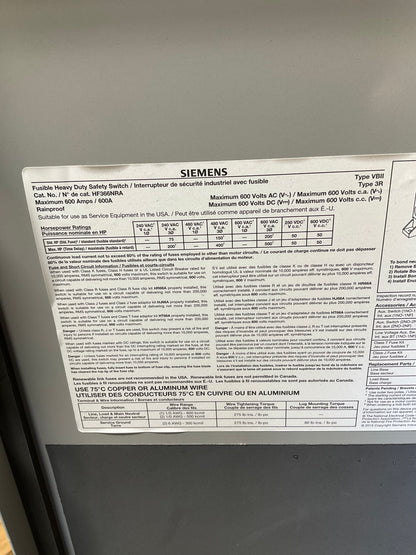 New Siemens HF366NRA Disconnect 600 Amp 600 Volt Fusible Outdoor 3R