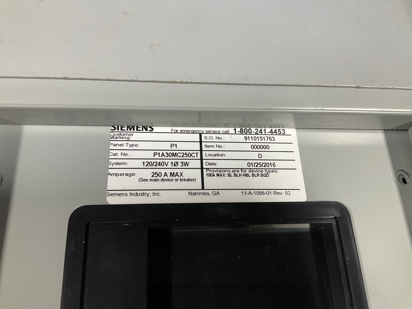 Used Siemens Panelboard 250 Amp Main Lug 30 Circuit 120/240 Volt P1A30MC250CT(item#p1)