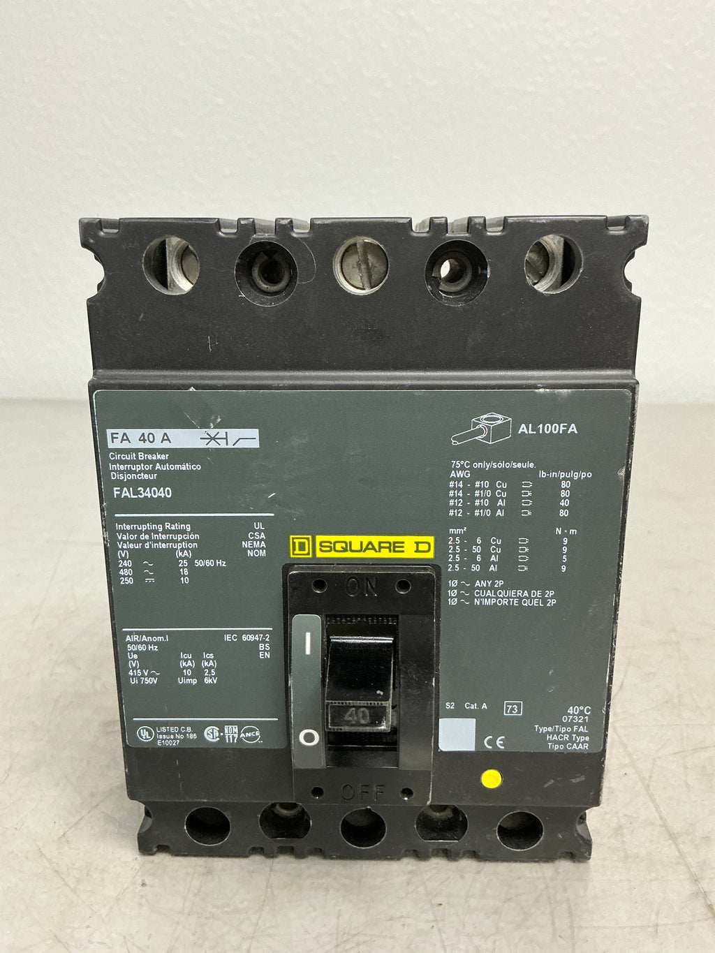 Used Square D FAL34040 3 Pole, 40 Amps, 480 Volts Circuit Breaker