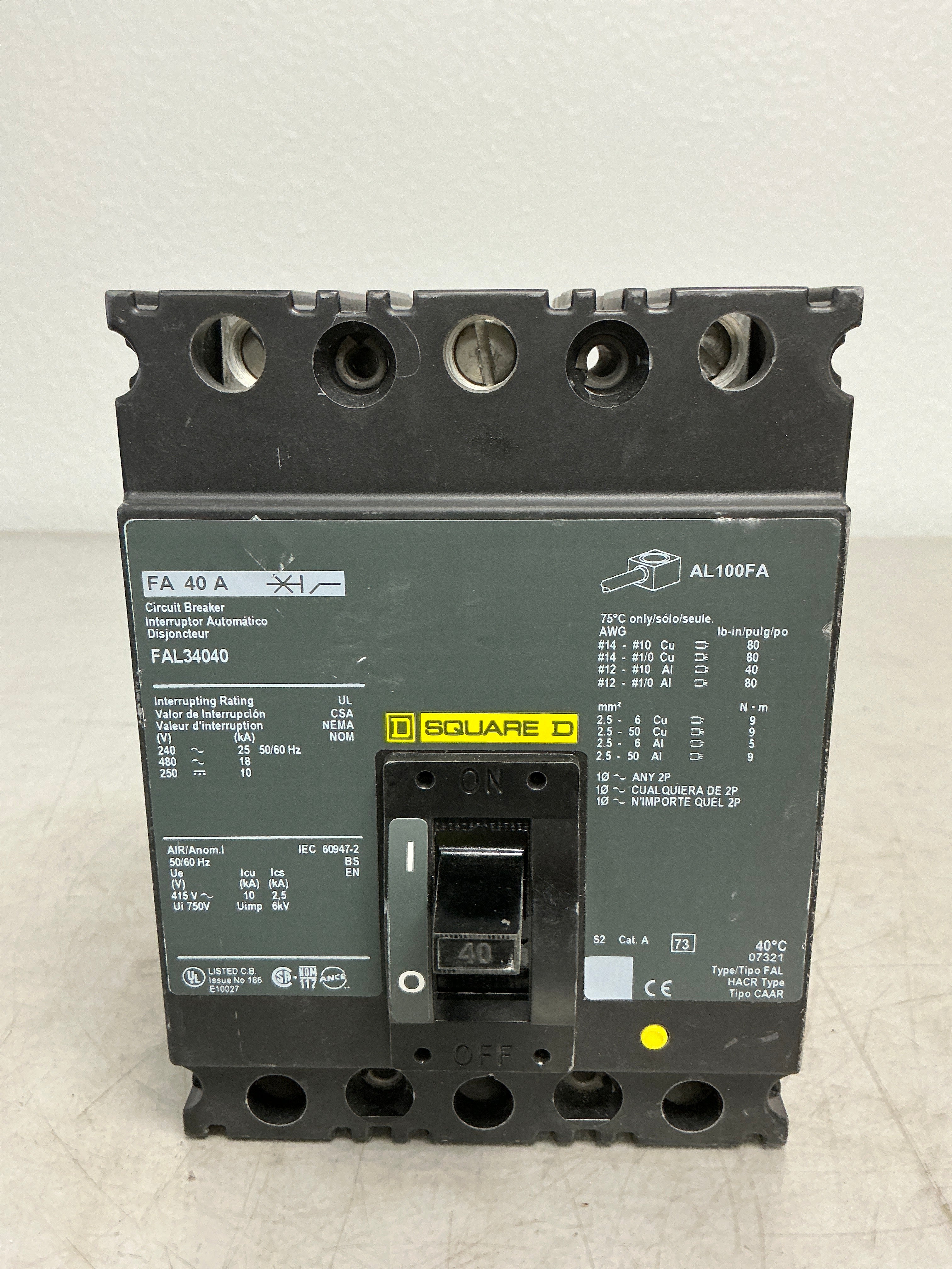 Used Square D FAL34040 3 Pole, 40 Amps, 480 Volts Circuit Breaker