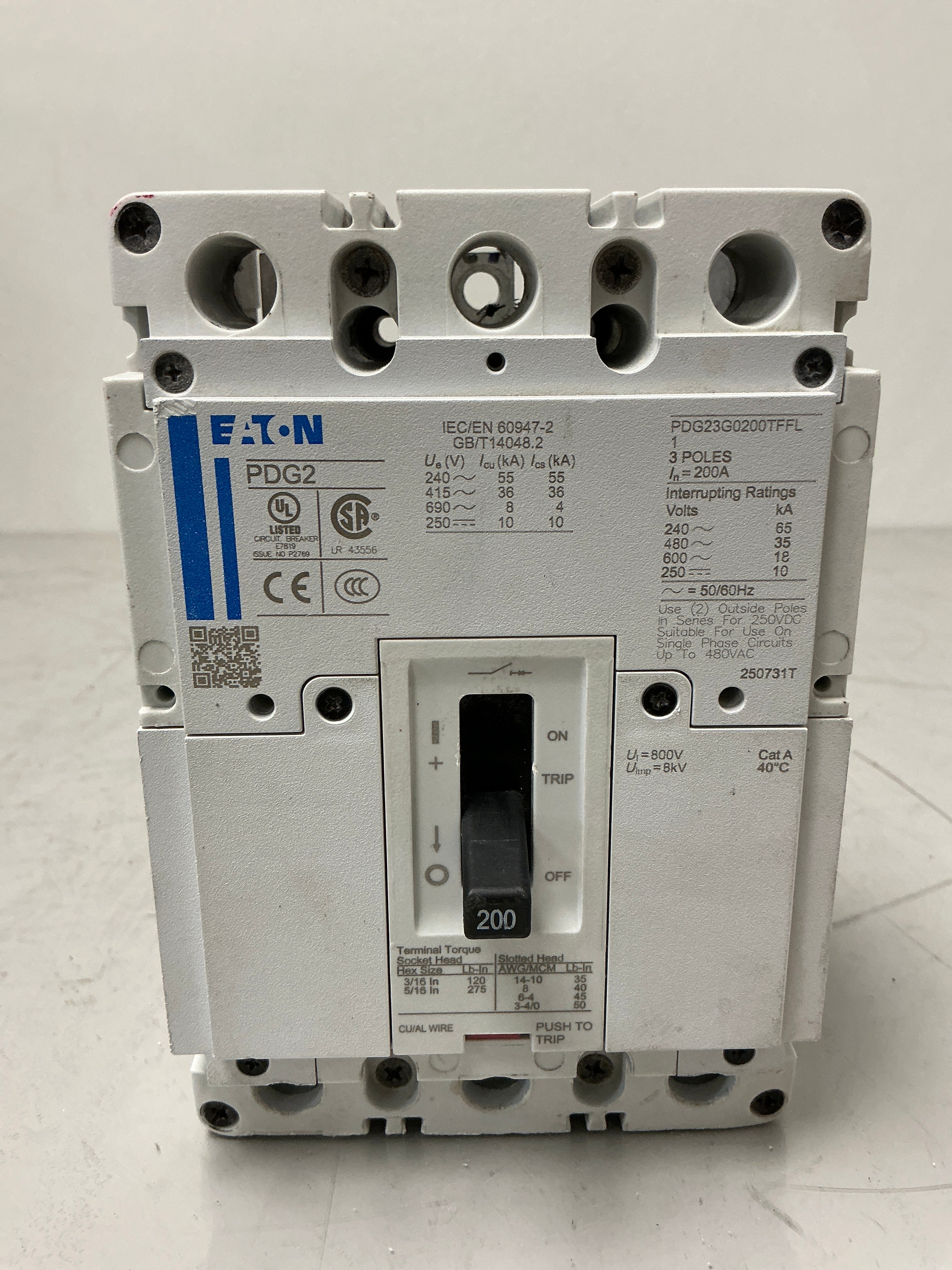 Used Eaton PDG23G0200TFFL 3 Pole, 200 Amps, 600 Volts Circuit Breaker
