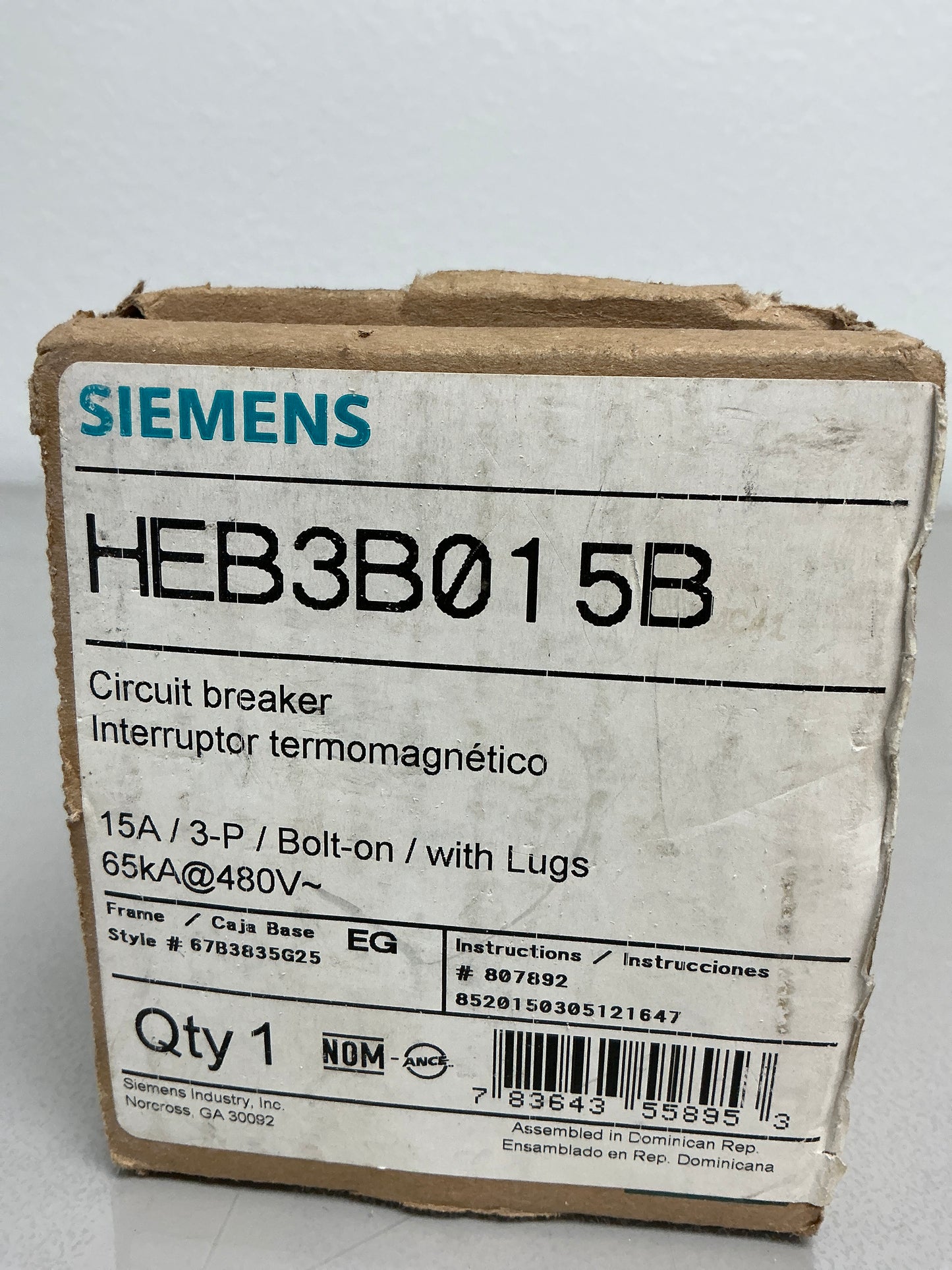 New Siemens HEB3B015B 15 Amps, 3 Pole, 480 Volt