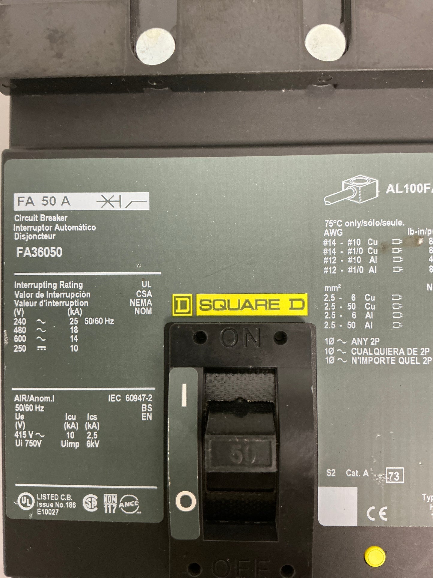 Used Square D FA36050 3 Pole, 50 Amps, 600 Volt