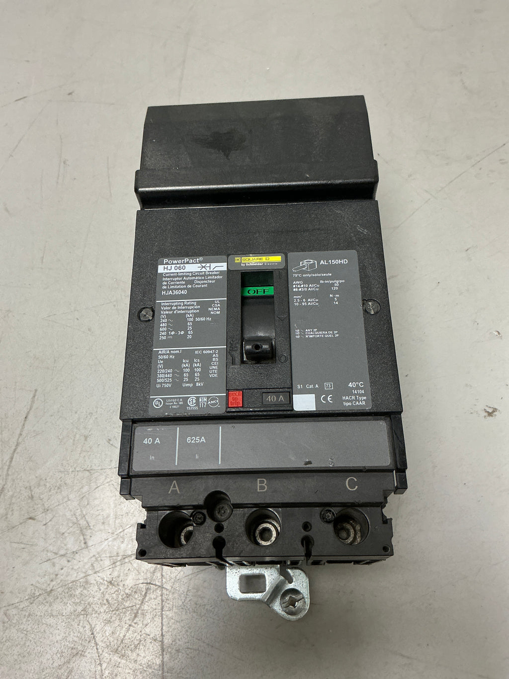 Used Square D HJA36040 3 Pole, 40 Amps, 600 Volts Circuit Breaker