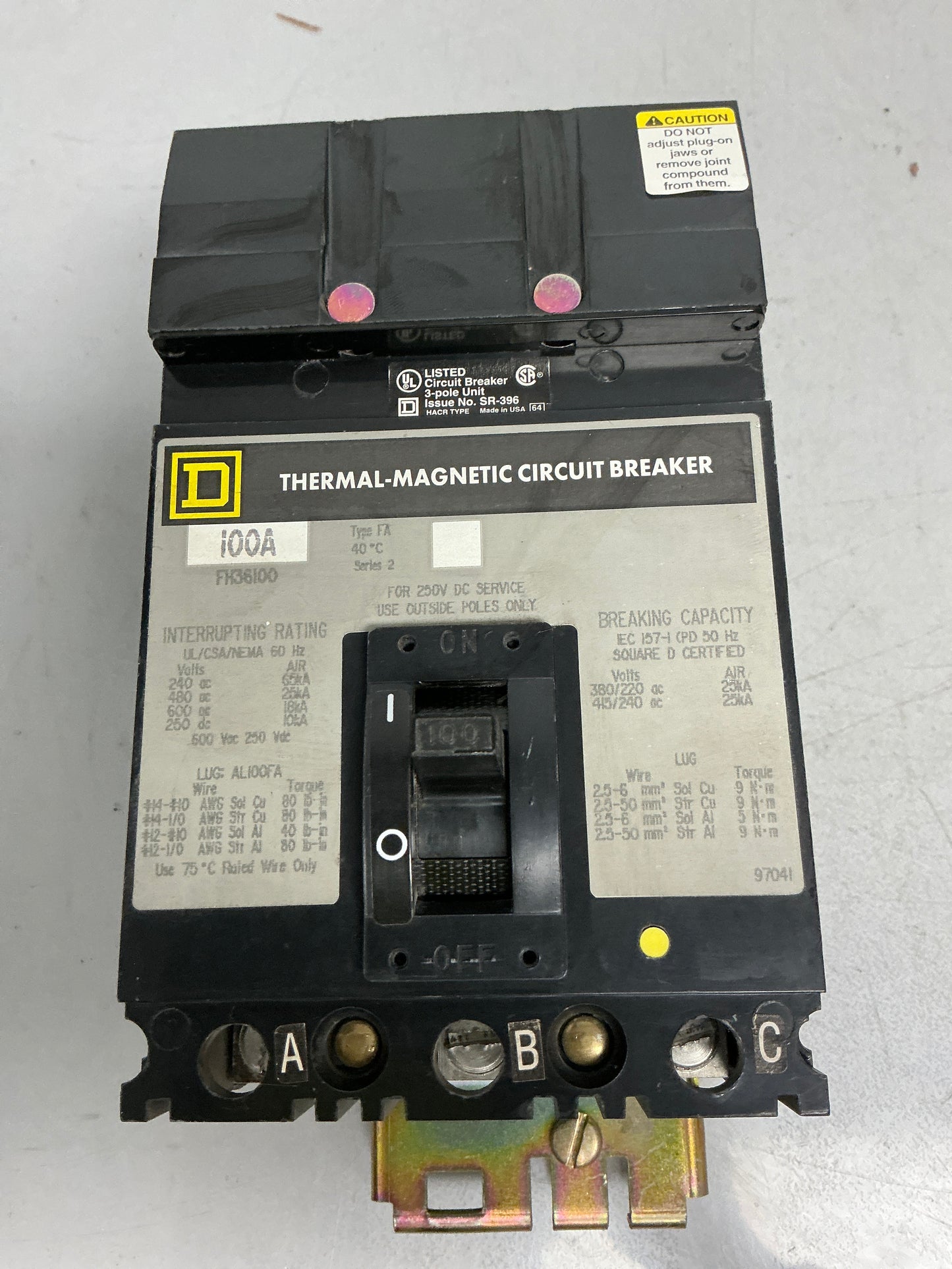 Used Square D FH36100 3 Pole, 100 Amps, 600 Volts