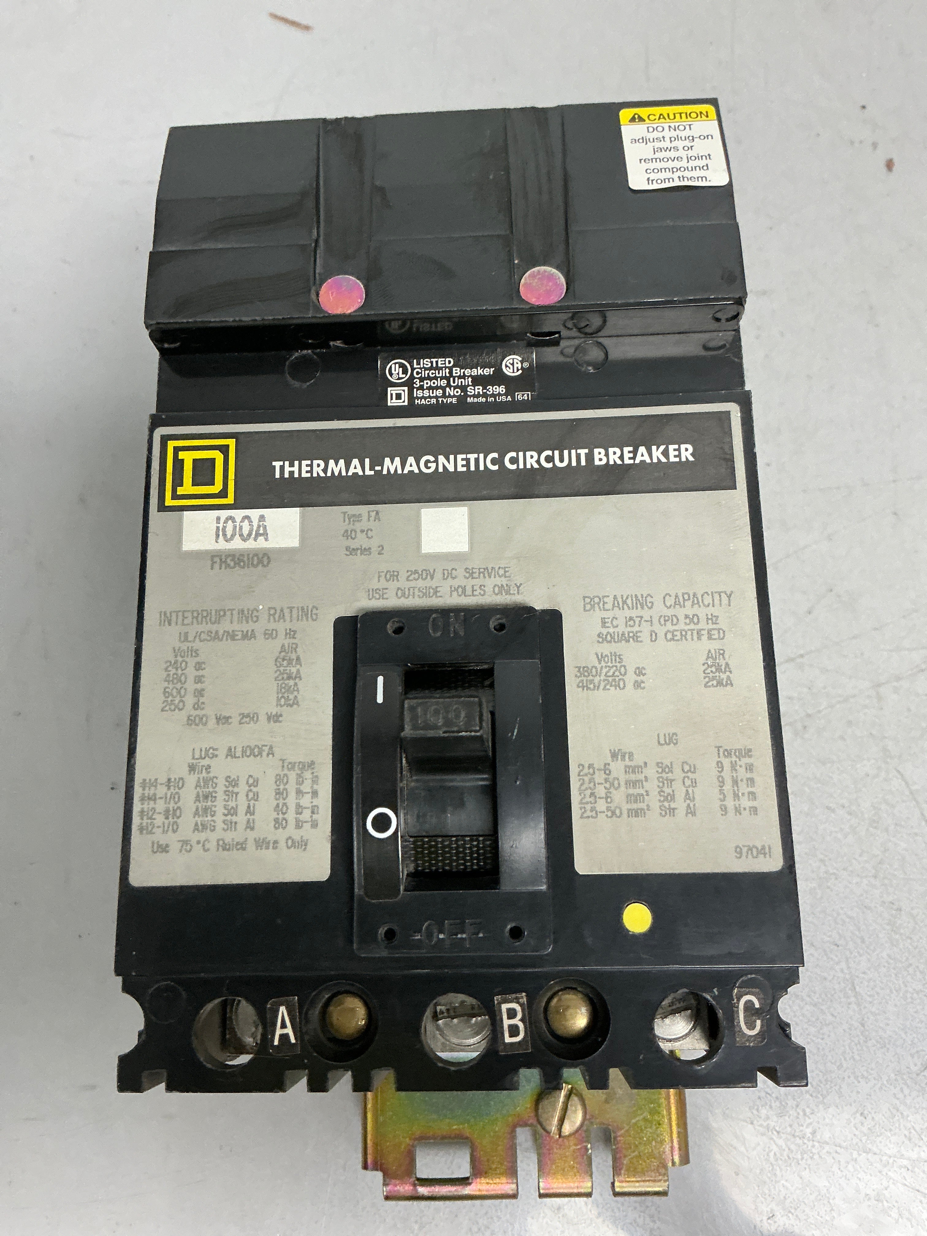 Used Square D FH36100 3 Pole, 100 Amps, 600 Volts