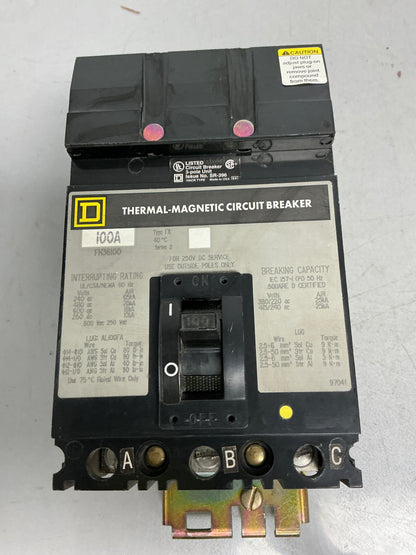 Used Square D FH36100 3 Pole, 100 Amps, 600 Volts
