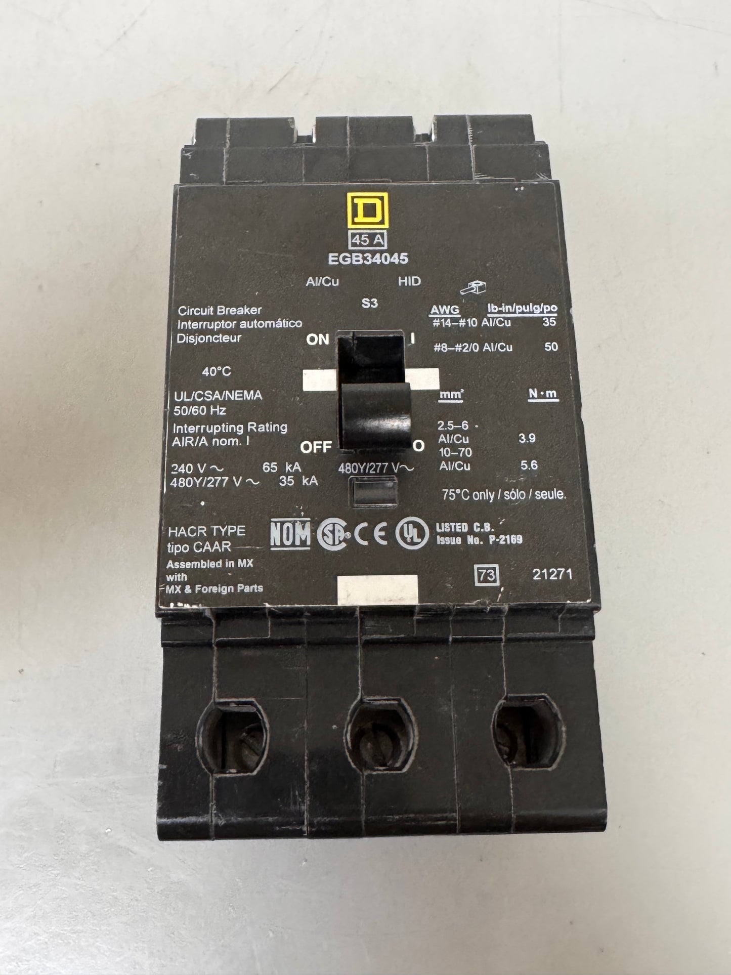 Used Square D EGB34045 45 Amp, 3 Pole, 480 Volt Breaker