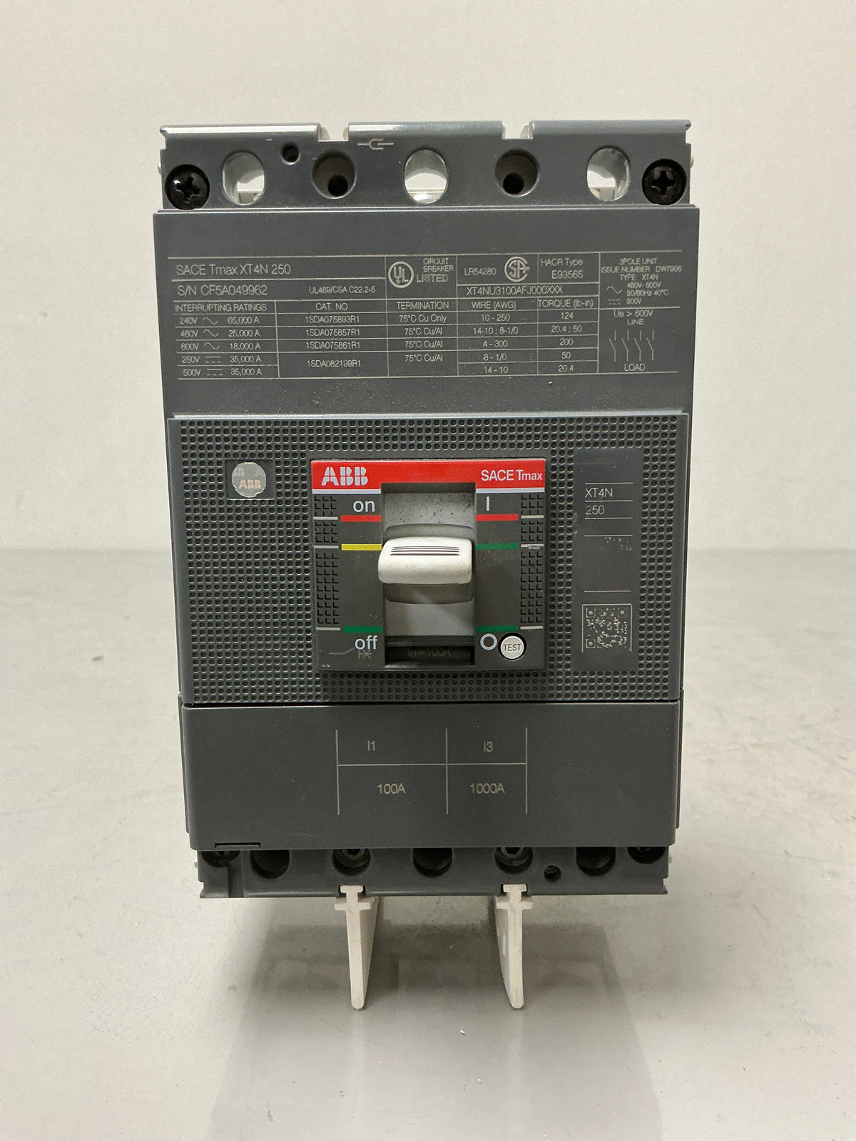 New ABB SACE TMAX XT4NU3100AF 3 Pole, 100 Amps, 600 Volts Circuit Breaker
