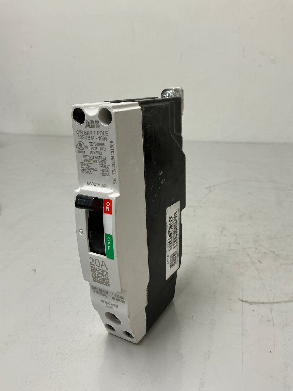 Used ABB TEYD1020B 1 Pole, 20 Amps, 240 Volts Circuit Breaker