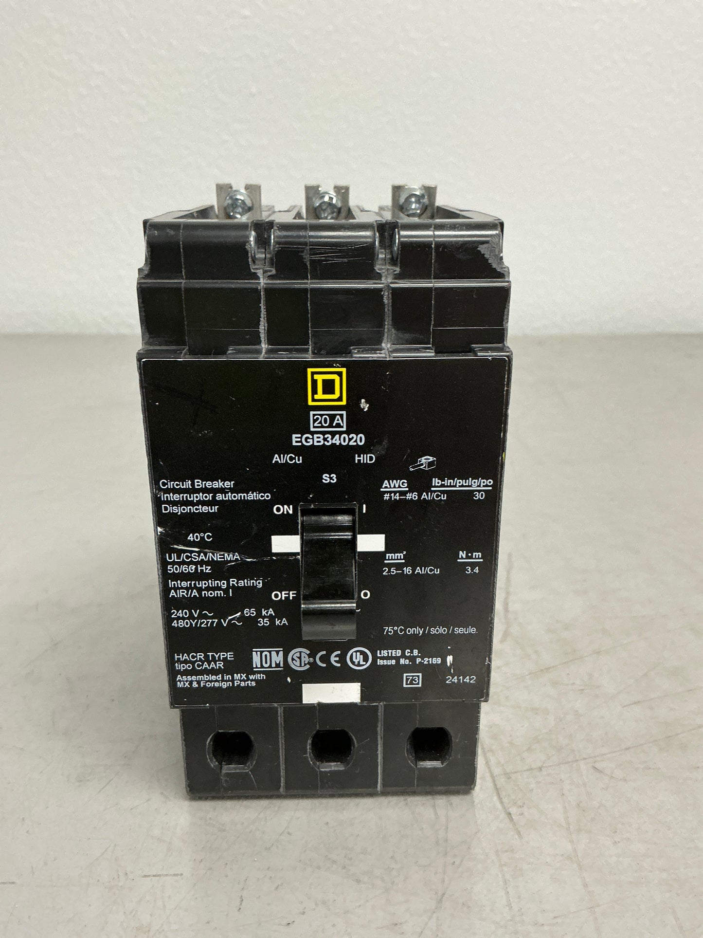 Used Square D EGB34020 3 Pole, 20 Amps, 480 Volts