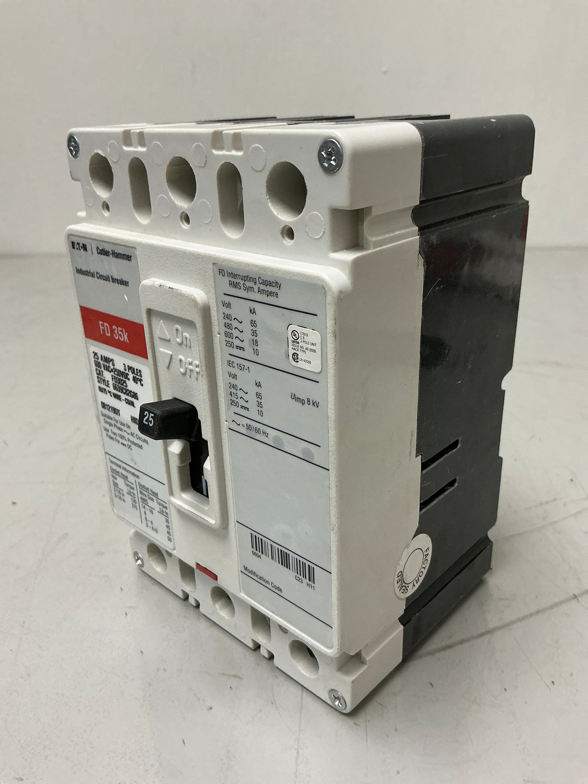 Used Eaton FD3025 3 Pole, 25 Amps, 480 Volts Circuit Breaker