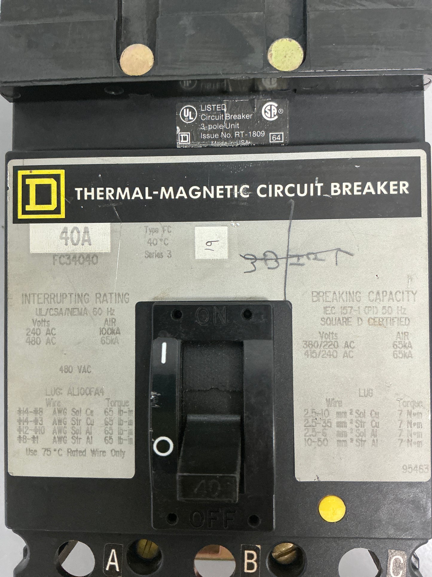 Used Square D FC34040 3 Pole, 40 Amps, 480 Volts