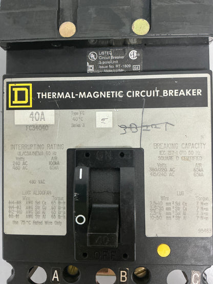 Used Square D FC34040 3 Pole, 40 Amps, 480 Volts