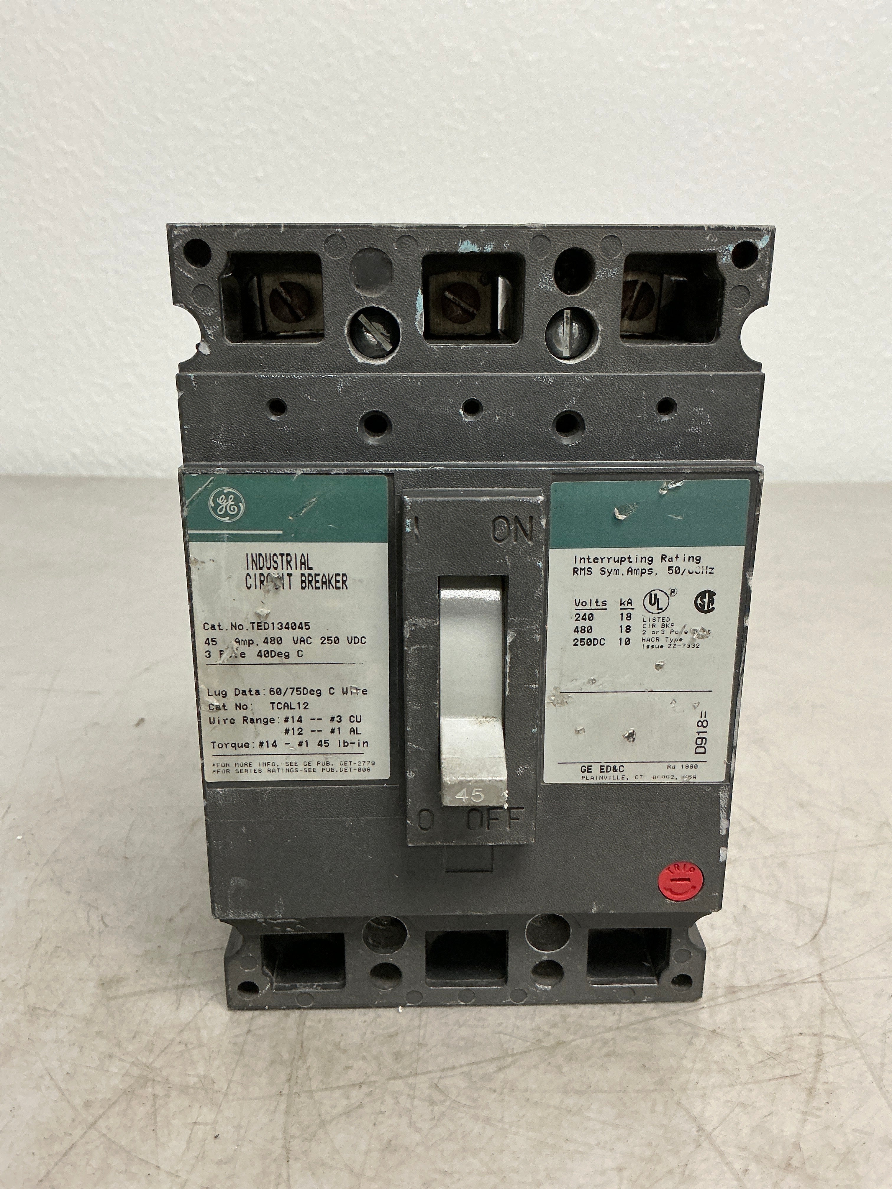 Used TED134045 3 Pole, 45 Amps, 480 Volts Circuit Breaker