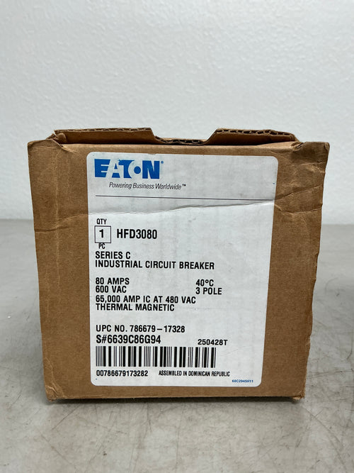 New Eaton HFD3080 3 Pole, 80 Amps, 600 Volts Circuit Breaker