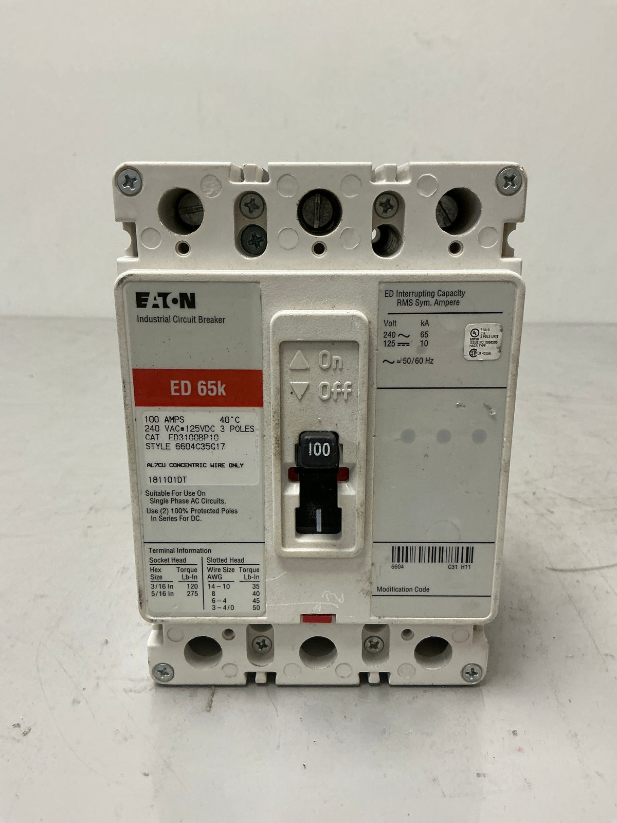 Used Eaton ED3100 3 Pole, 100 Amps, 240 Volts Circuit Breaker