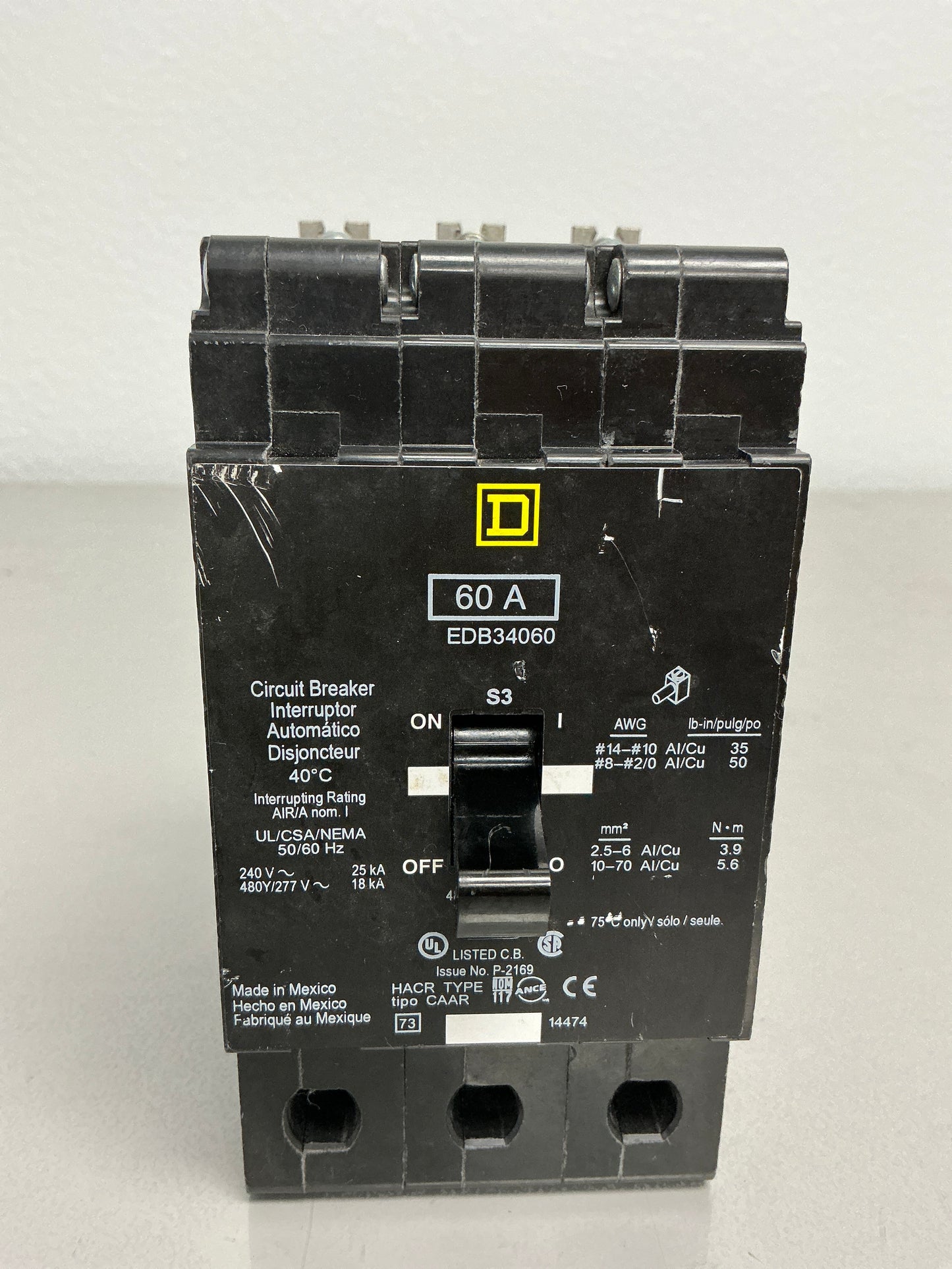 Used Square D EDB34060 3 Pole, 60 Amps, 480/277 Volts