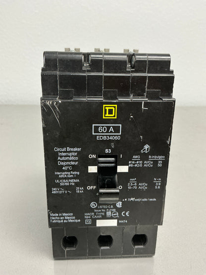 Used Square D EDB34060 3 Pole, 60 Amps, 480/277 Volts