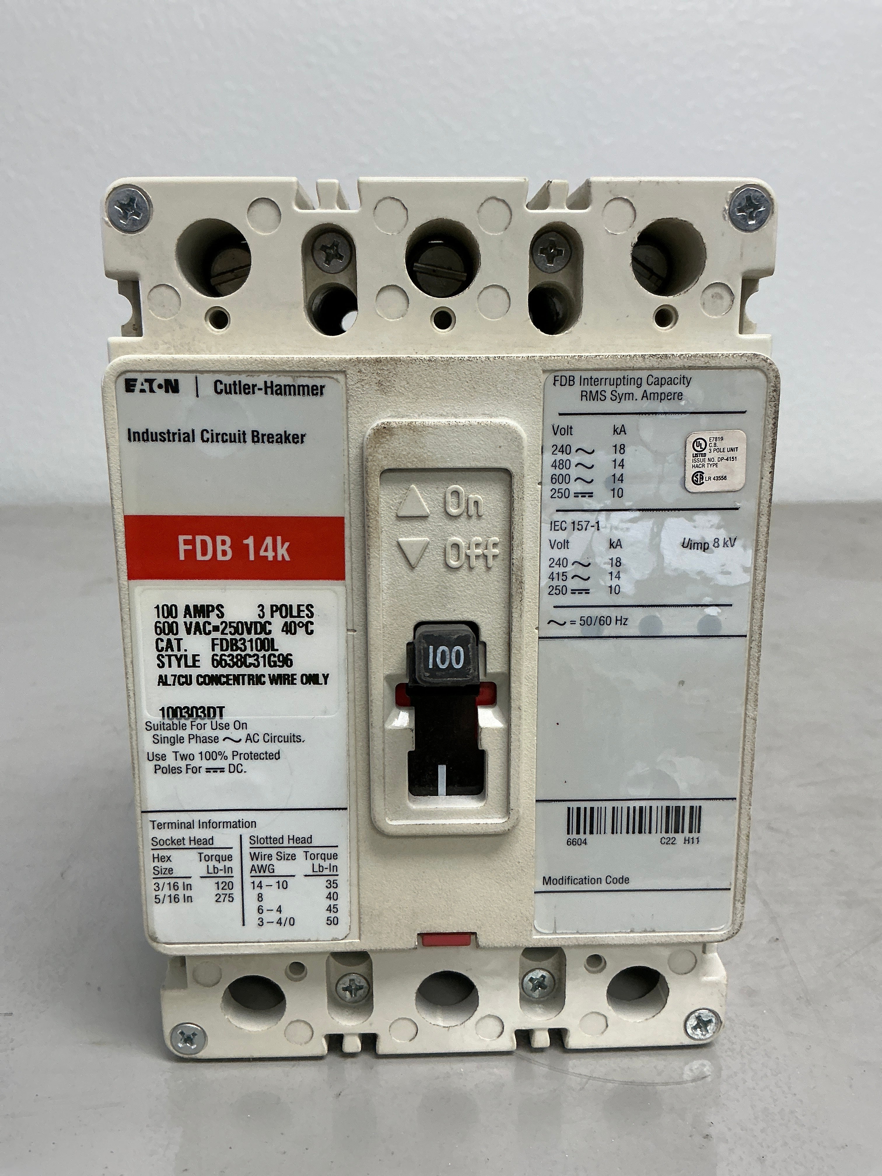 Used Eaton FDB3100L 3 Poles, 100 Amps, 600 Volts