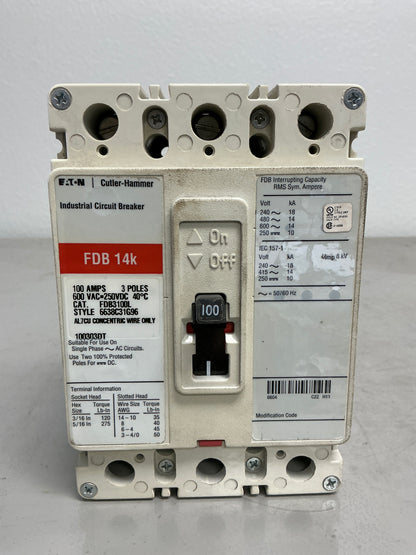 Used Eaton FDB3100L 3 Poles, 100 Amps, 600 Volts