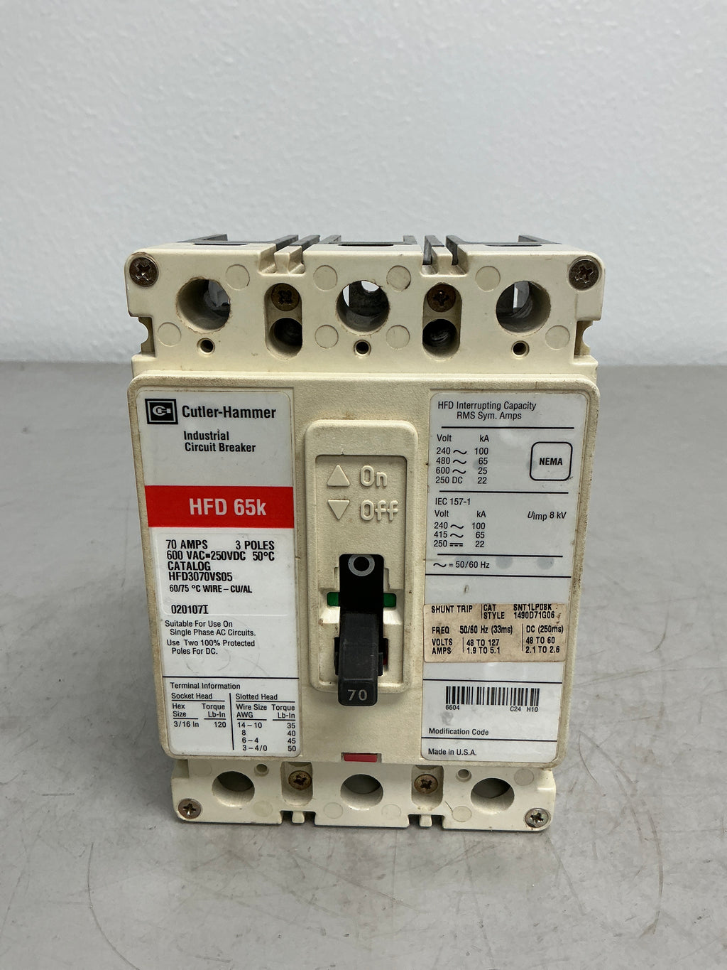 Used HFD3070VS05 3 Pole, 70 Amps, 480 Volts