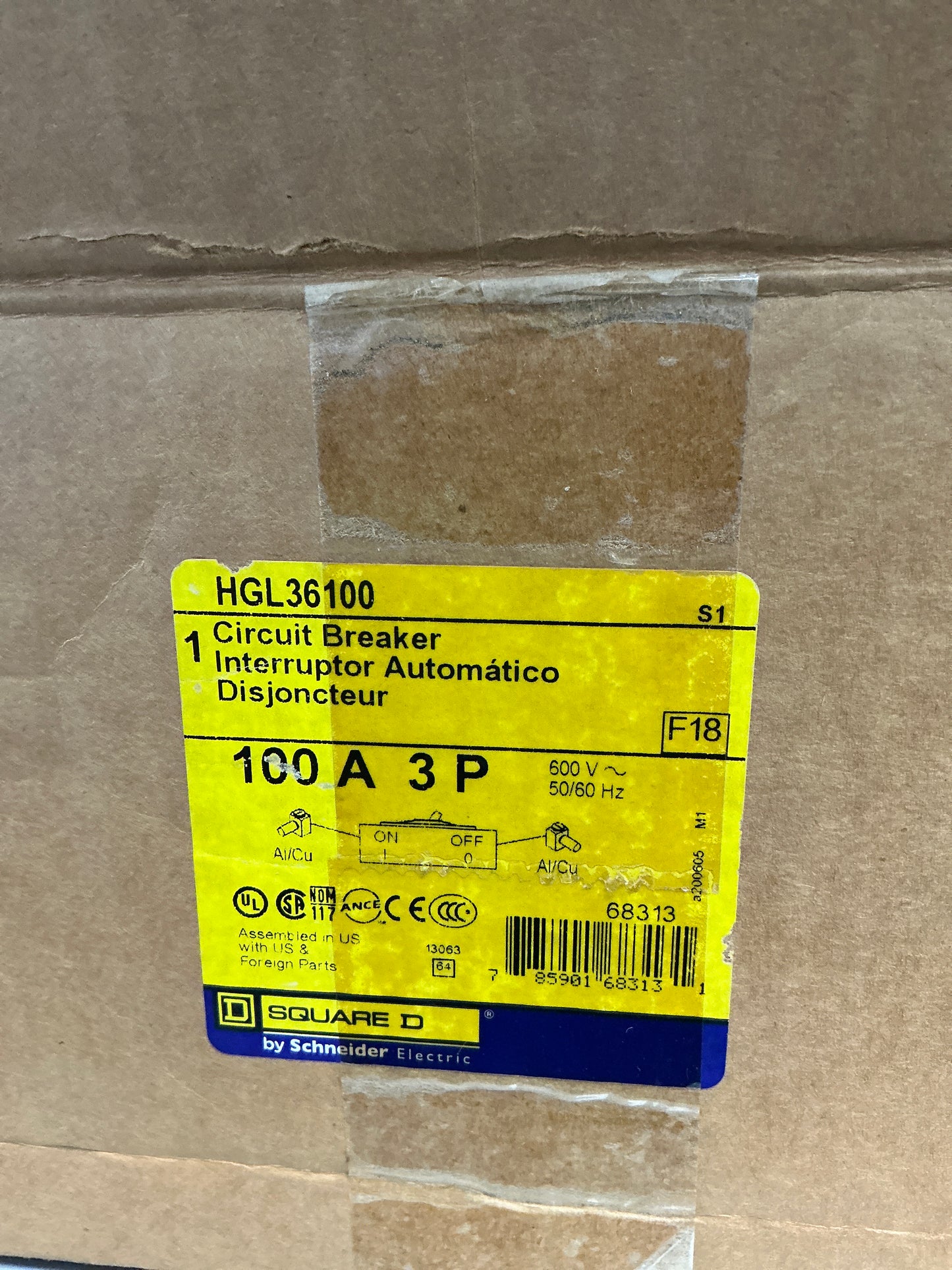 New  Square D HGL36100 3 Poles, 100 Amps, 600 Volts