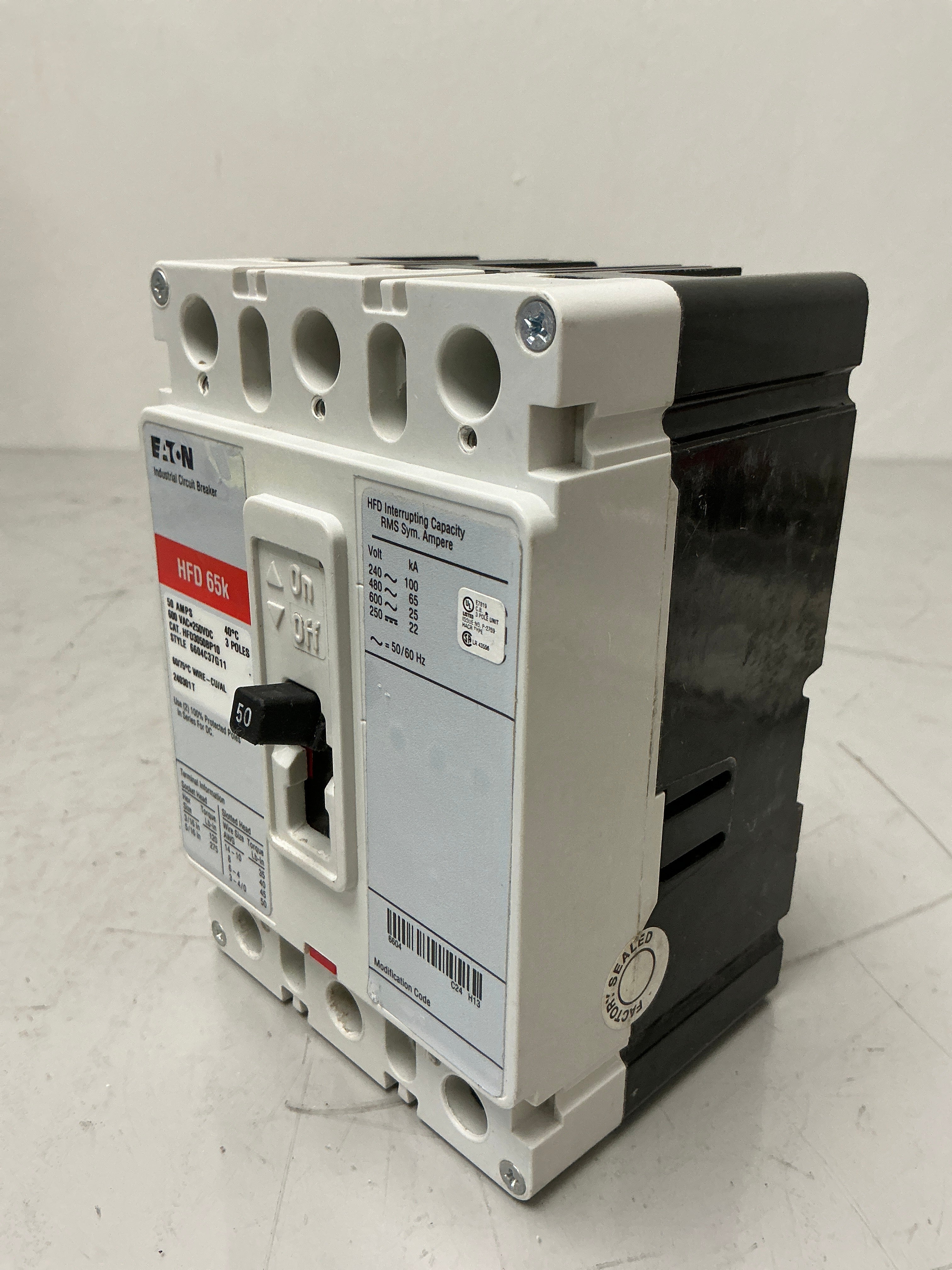 Used Eaton HFD3050PB10 3 Pole, 50 Amps, 600 Volts Circuit Breaker