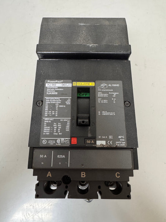 Used Square D HJA36050 50 Amp, 3 Pole, 600 Volt Breaker