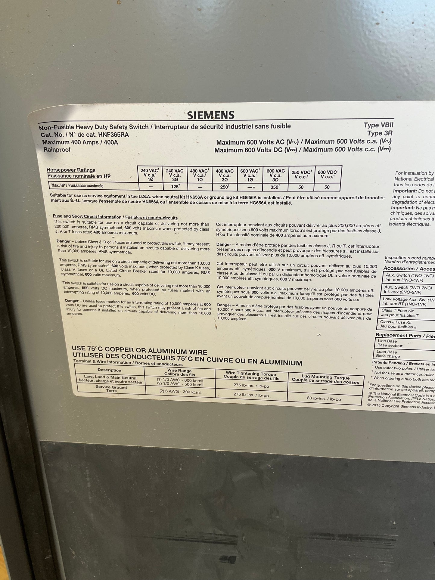 Used Siemens HNF365RA Disconnect 400 Amp 600 Volt Non Fuse Outdoor 3R