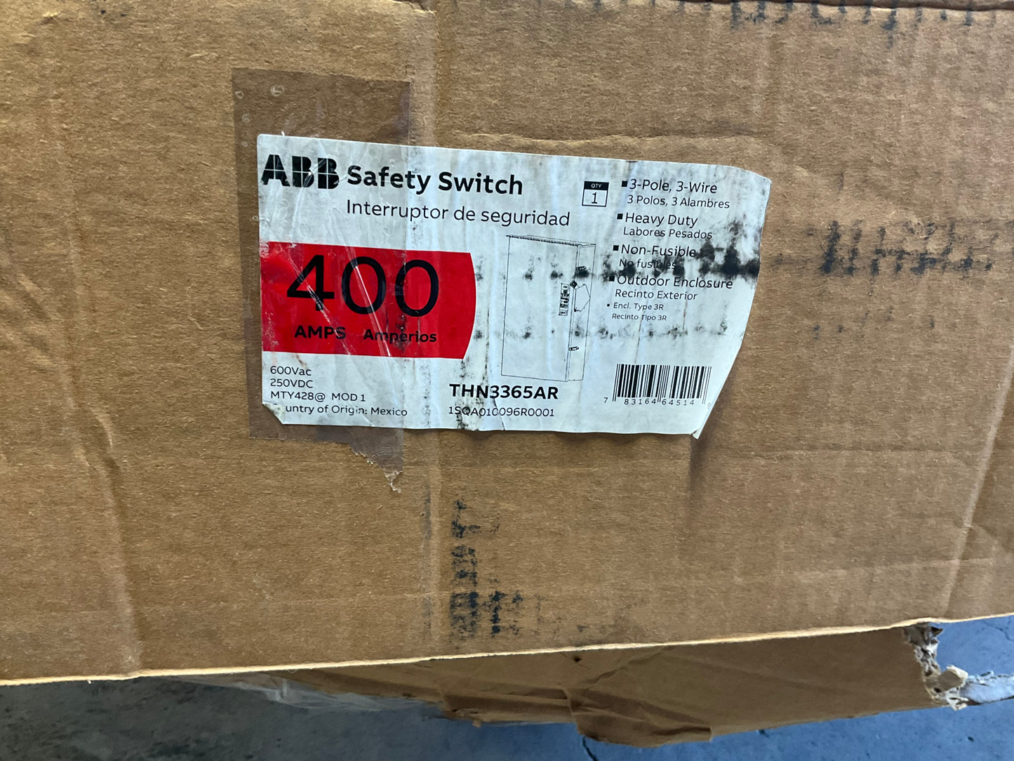New ABB THN3365AR Disconnect 400 Amp 600 Volt Non Fusible Ourdoor 3R