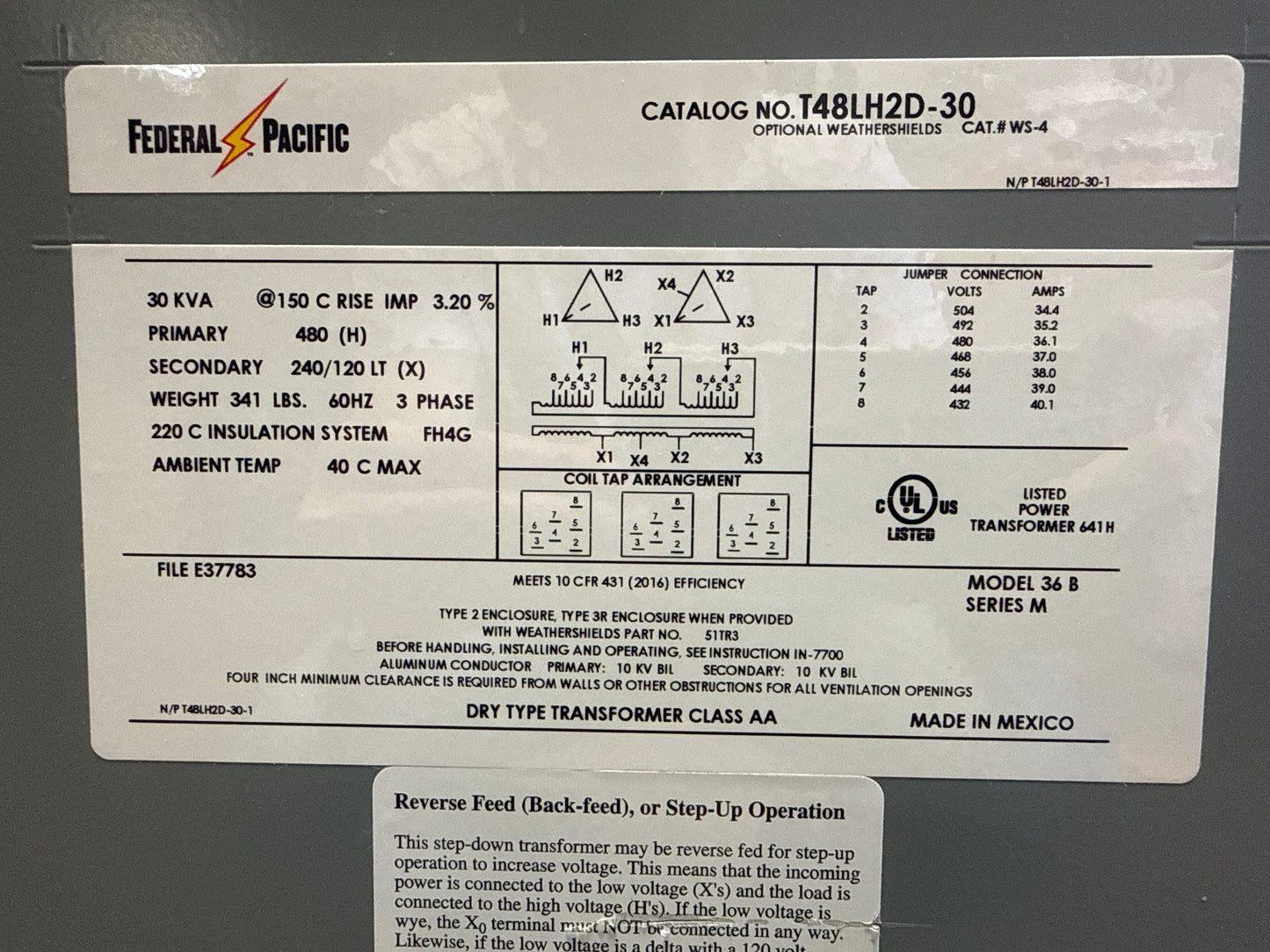 30 KVA Transformer, Primary 480, Seconday 240/120 Volt 3 Phase (item#t7)