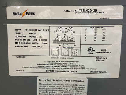 30 KVA Transformer, Primary 480, Seconday 240/120 Volt 3 Phase (item#t7)