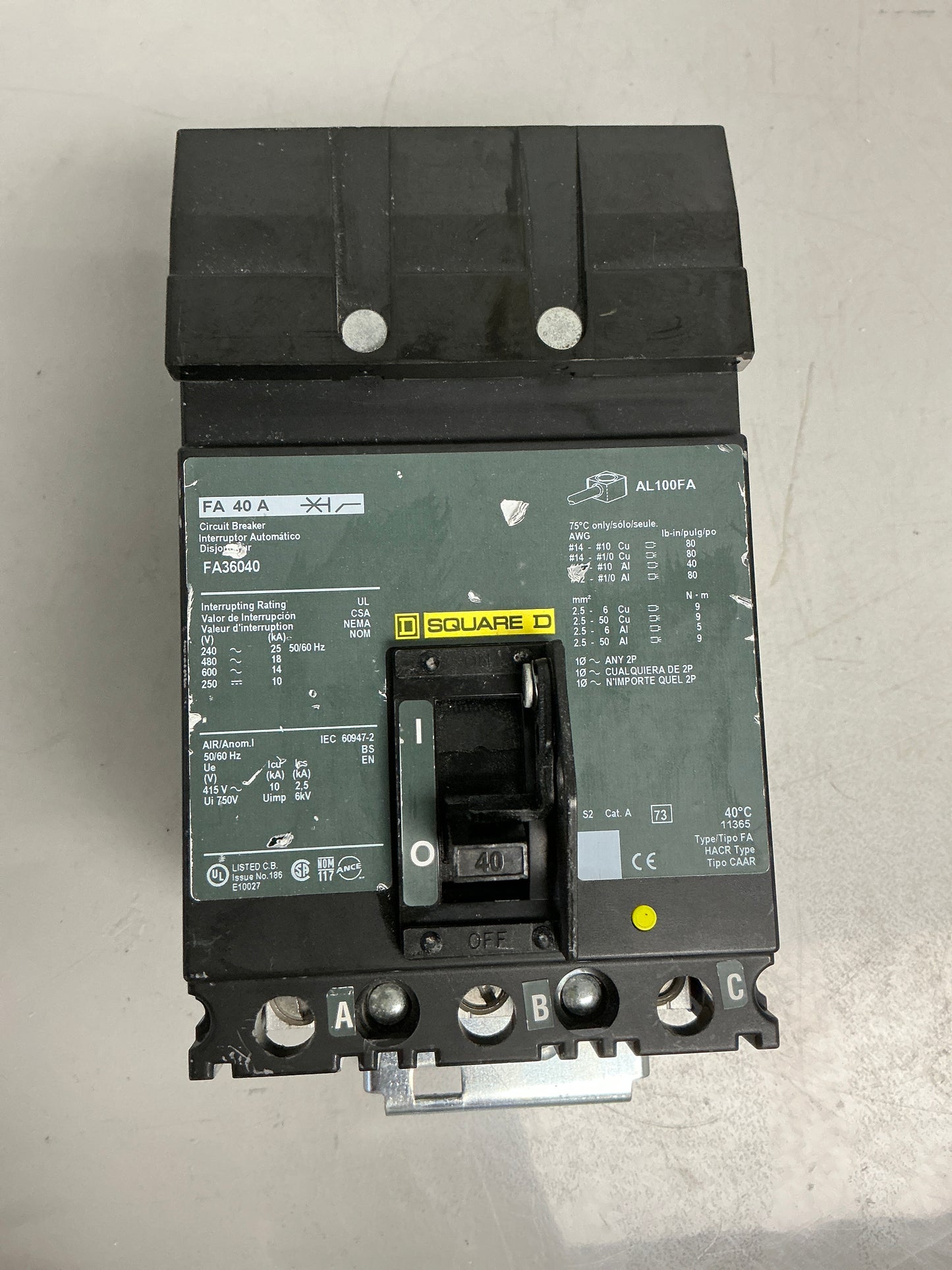 Used Square D FA36040 3 Pole, 40 Amps