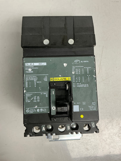 Used Square D FA36040 3 Pole, 40 Amps