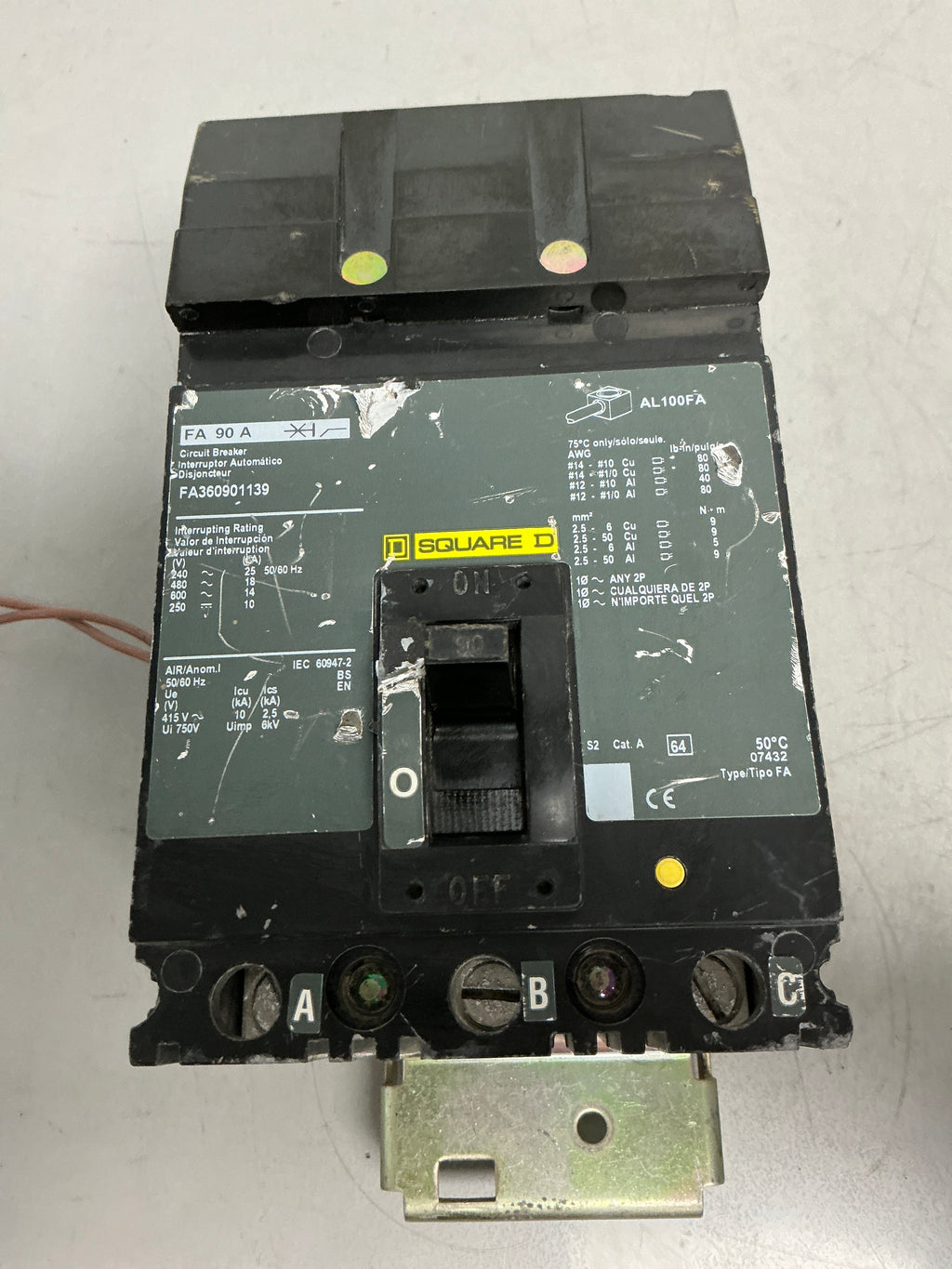 Used Square D FA360901139 3 Pole, 90 Amps Circuit Breaker