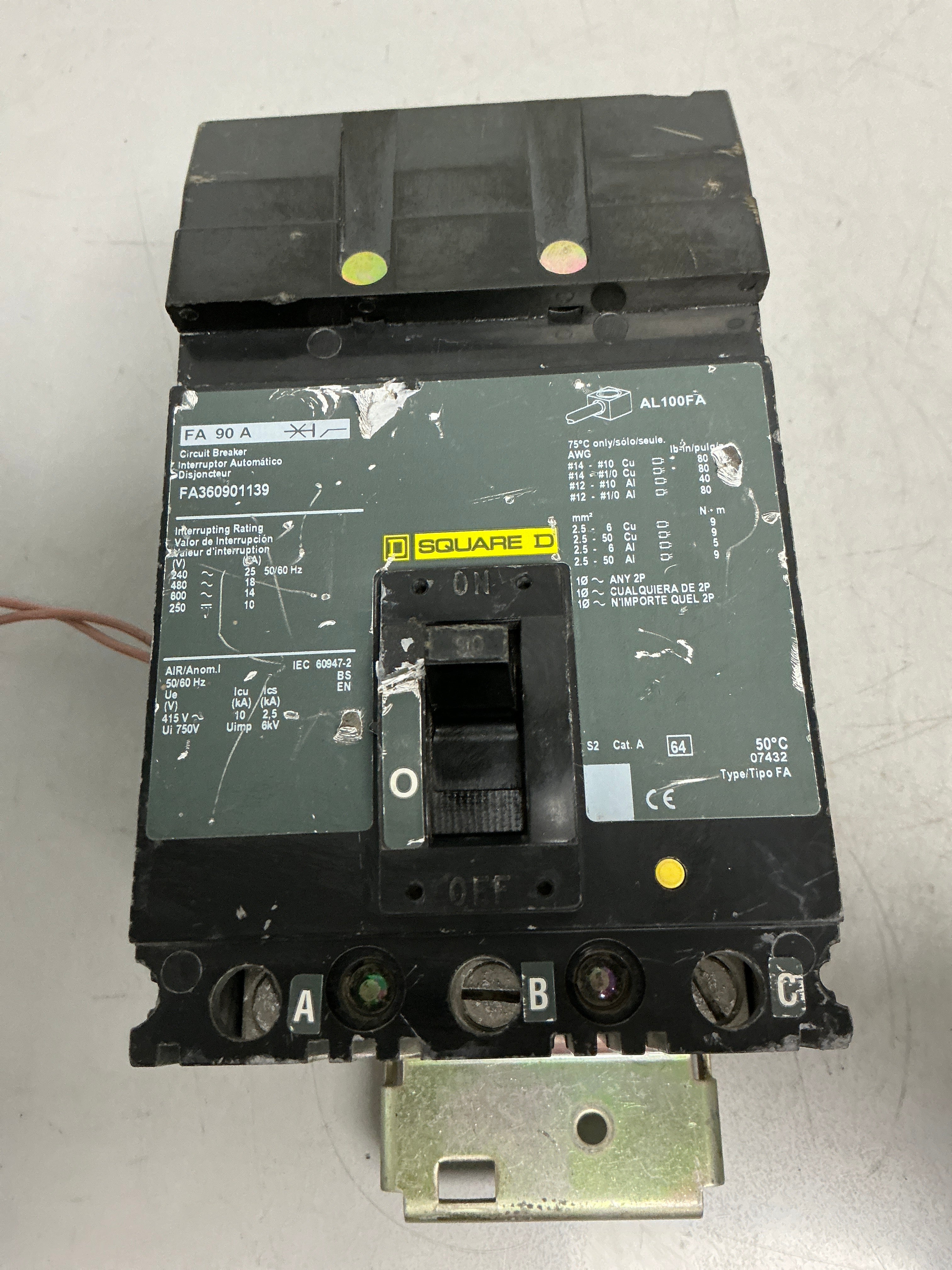 Used Square D FA360901139 3 Pole, 90 Amps Circuit Breaker