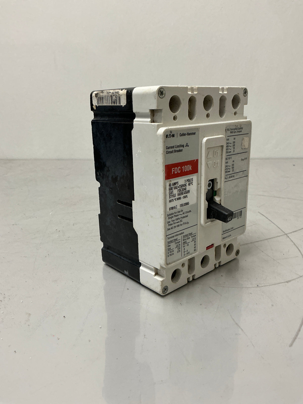 Used Eaton FDC3040 3 Poles, 40 Amps, 600 Volts Circuit Breaker