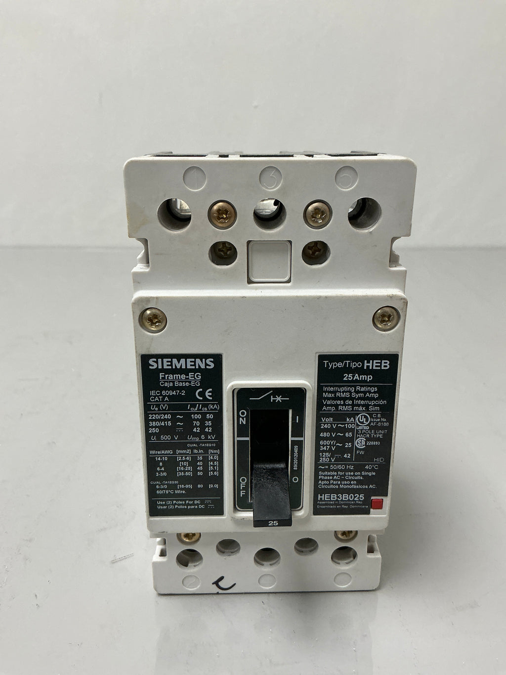 Used Siemens HEB3B025 3 Pole, 25 Amps, Circuit Breaker